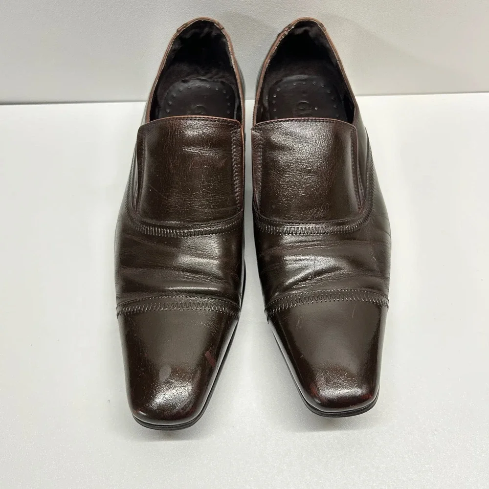 Gucci Mens Dark Brown Leather Square Toe Slip On Dress Shoes Made in Italy Sz 40